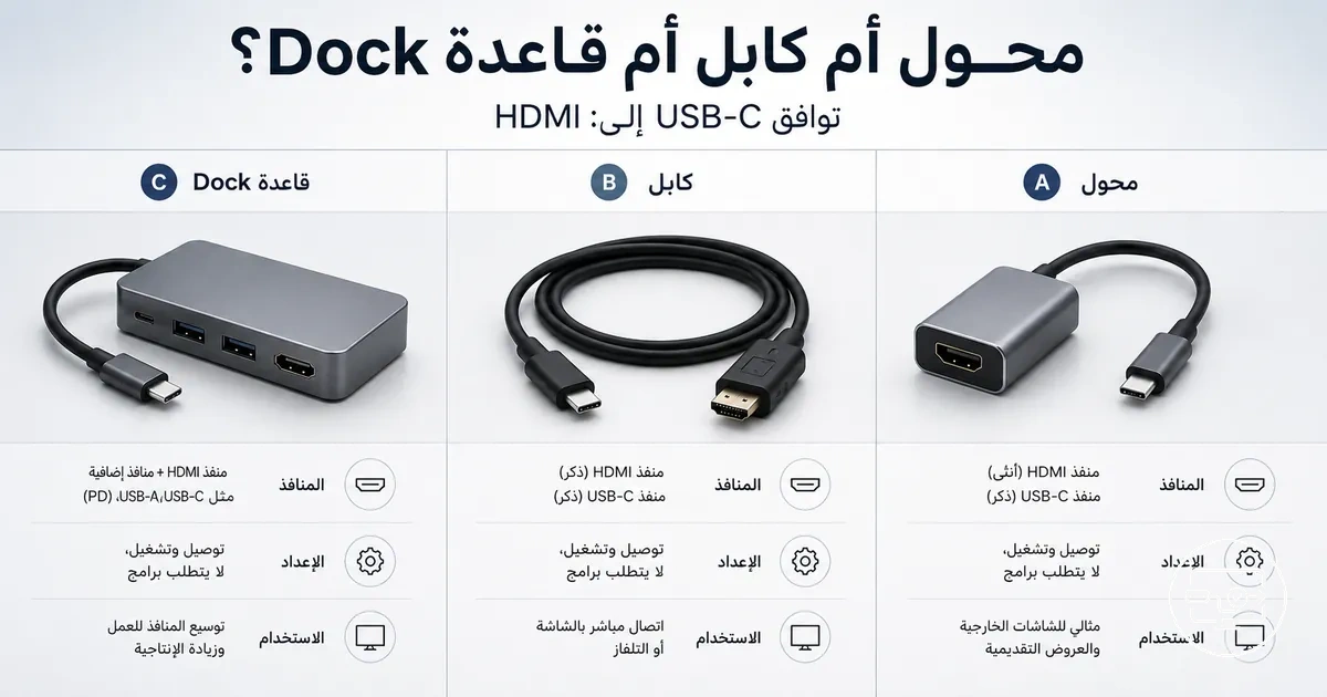 مقارنة توافق USB-C إلى HDMI بين المحول والكابل والـDock بحسب الشكل والاستخدام