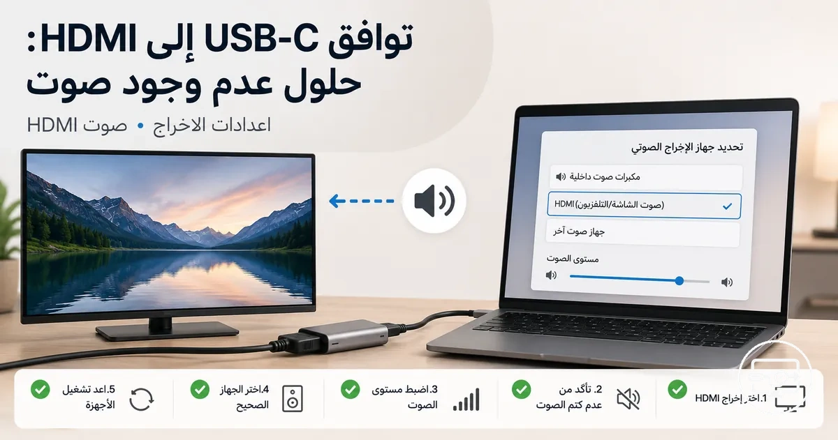 حلول عدم وجود صوت في USB-C إلى HDMI مع اختيار جهاز الإخراج وتوجيه صوت HDMI