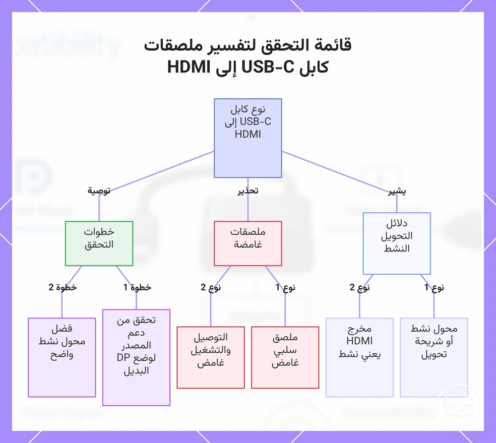 قائمة التحقق لتفسير ملصقات كابل USB-C إلى HDMI