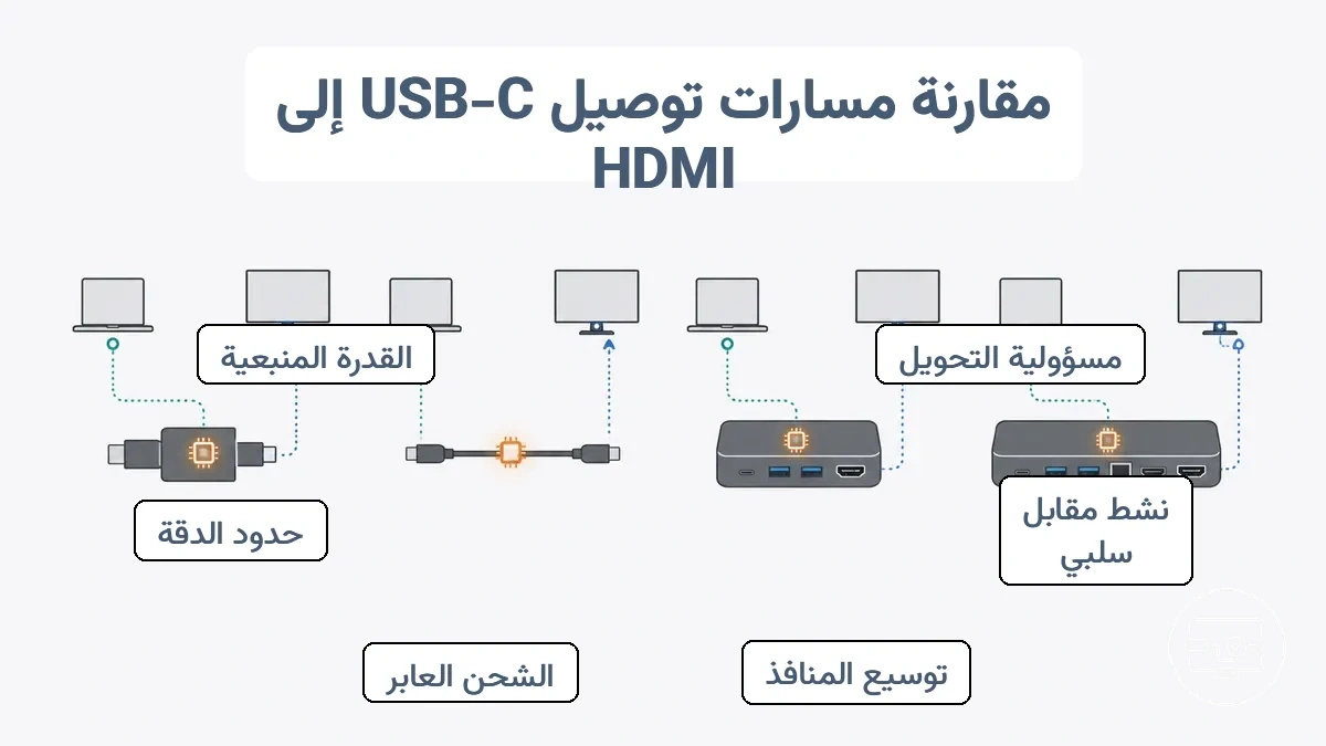 رسم بياني مقارن يوضح أدوار المحول والكابل ومركز التوصيل وقاعدة التوصيل في مسار اتصال USB-C إلى HDMI ومكان حدوث التحويل.