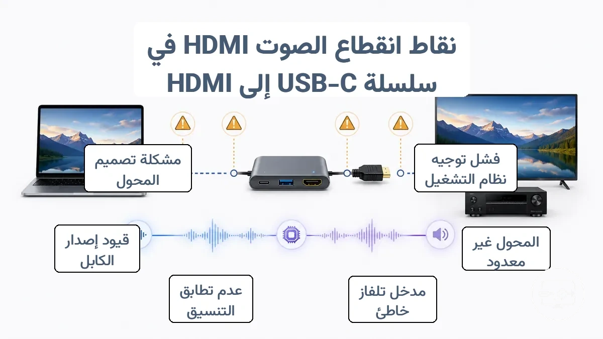 رسم بياني يوضح أين يمكن أن ينقطع صوت HDMI في اتصال USB-C إلى HDMI: من نظام التشغيل إلى المحول/المركز إلى التلفاز/جهاز الاستقبال.