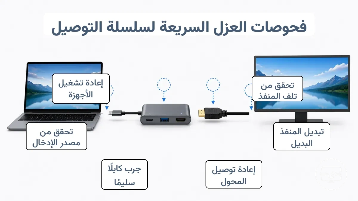 رسم بياني يوضح السلسلة المادية لمنفذ USB-C والمحول وكابل HDMI ونقاط اختيار إدخال الشاشة لفحوصات العزل