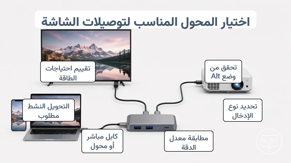 مخطط يوضح منطق الاختيار من إخراج الجهاز عبر نوع المحول إلى قبول الشاشة والنتيجة المتوقعة