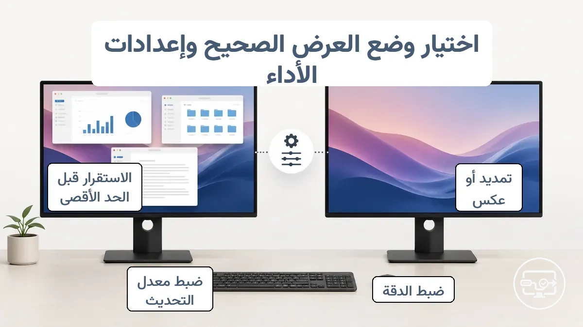 مقارنة أوضاع عرض USB-C إلى HDMI تظهر التوسيع مقابل العكس ومكان تأثير إعدادات الدقة ومعدل التحديث على الاستقرار.