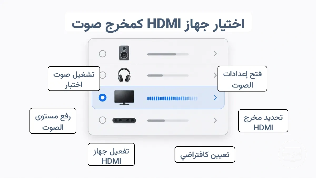 لوحة إعدادات إخراج الصوت مع تحديد جهاز HDMI كجهاز افتراضي