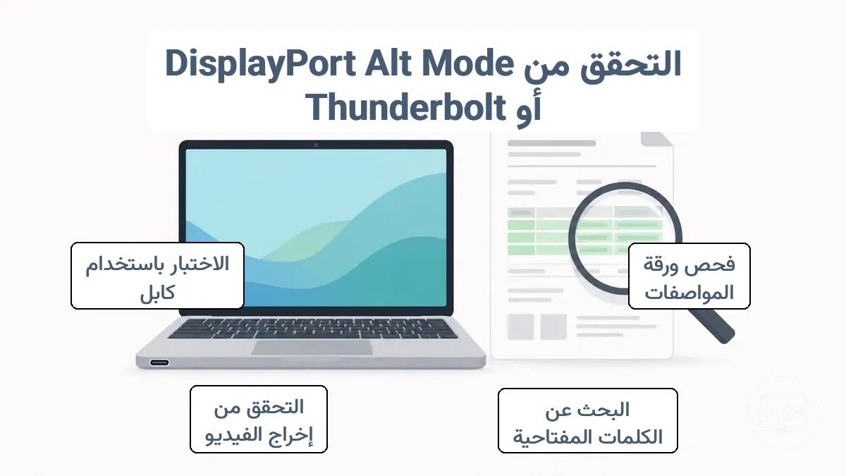 مثال على ورقة مواصفات مشروحة تسلط الضوء على دعم إخراج فيديو DisplayPort Alt Mode أو Thunderbolt لتوافق USB-C إلى HDMI