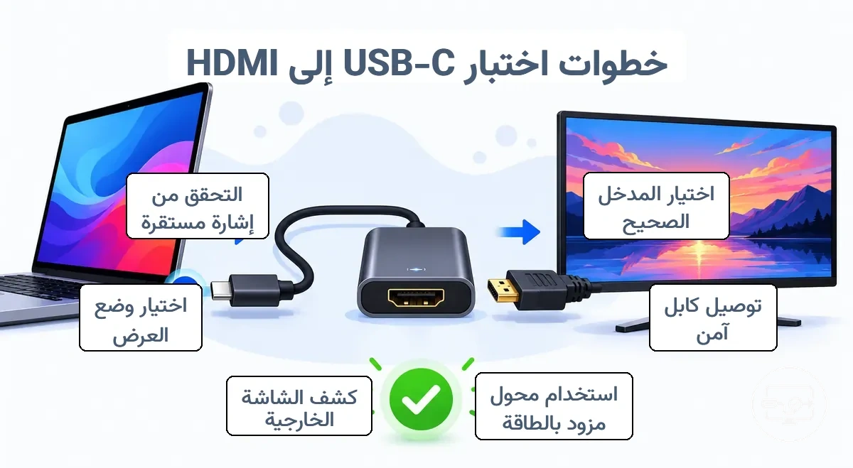 رسم توضيحي لخطوات اختبار اتصال USB-C إلى HDMI