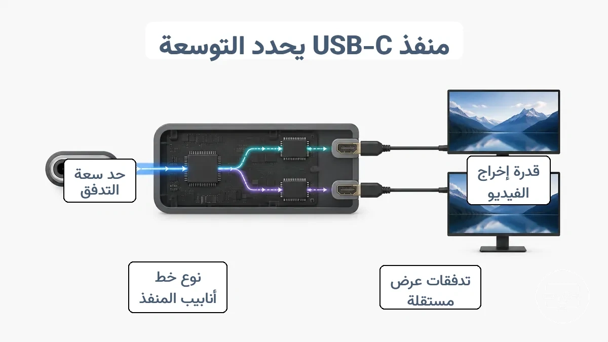 رسم تخطيطي يوضح كيف تؤثر قدرة فيديو منفذ USB-C وتيارات العرض المستقلة على تمديد شاشتين HDMI.
