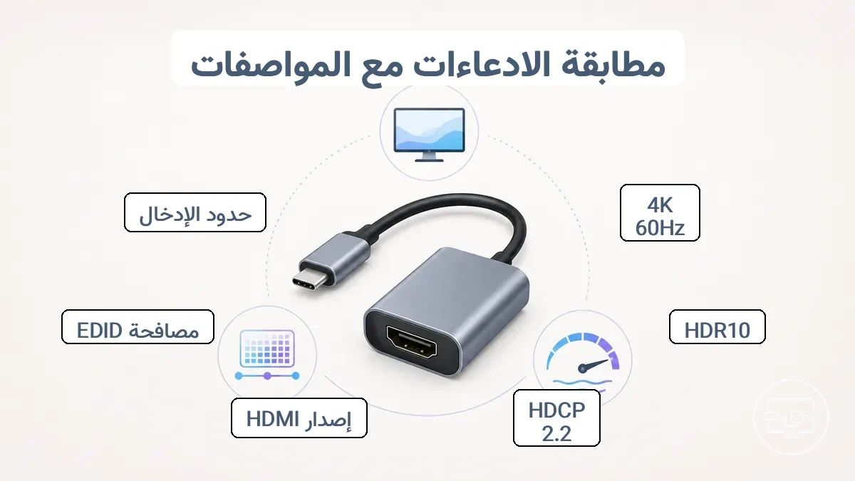 رسم بياني مقارن يوضح ادعاءات أداء محول USB-C إلى HDMI ومتطلبات الشاشة المحددة للتحقق منها (4K 60Hz، HDR، HDCP)