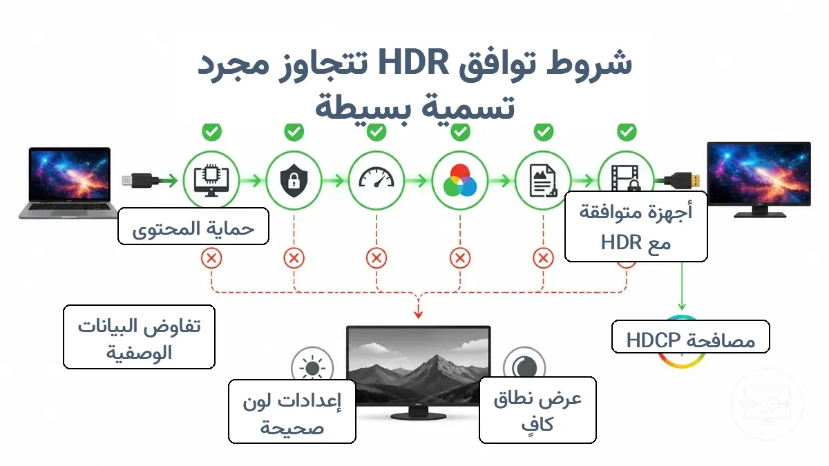 رسم بياني يوضح نقاط تفتيش HDR عبر اتصال USB-C إلى HDMI وأين يمكن أن يتراجع HDR إلى SDR.