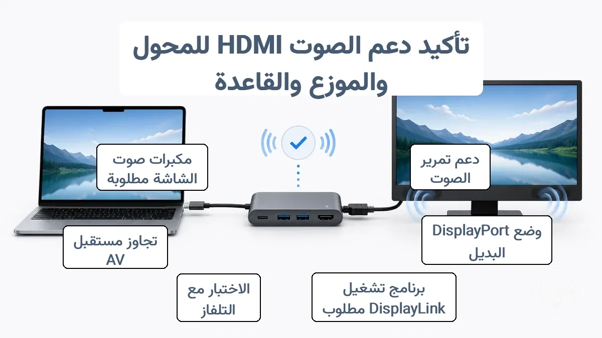 رسم بياني لقائمة تحقق للتحقق من دعم المحول أو المركز أو قاعدة التوصيل لصوت HDMI