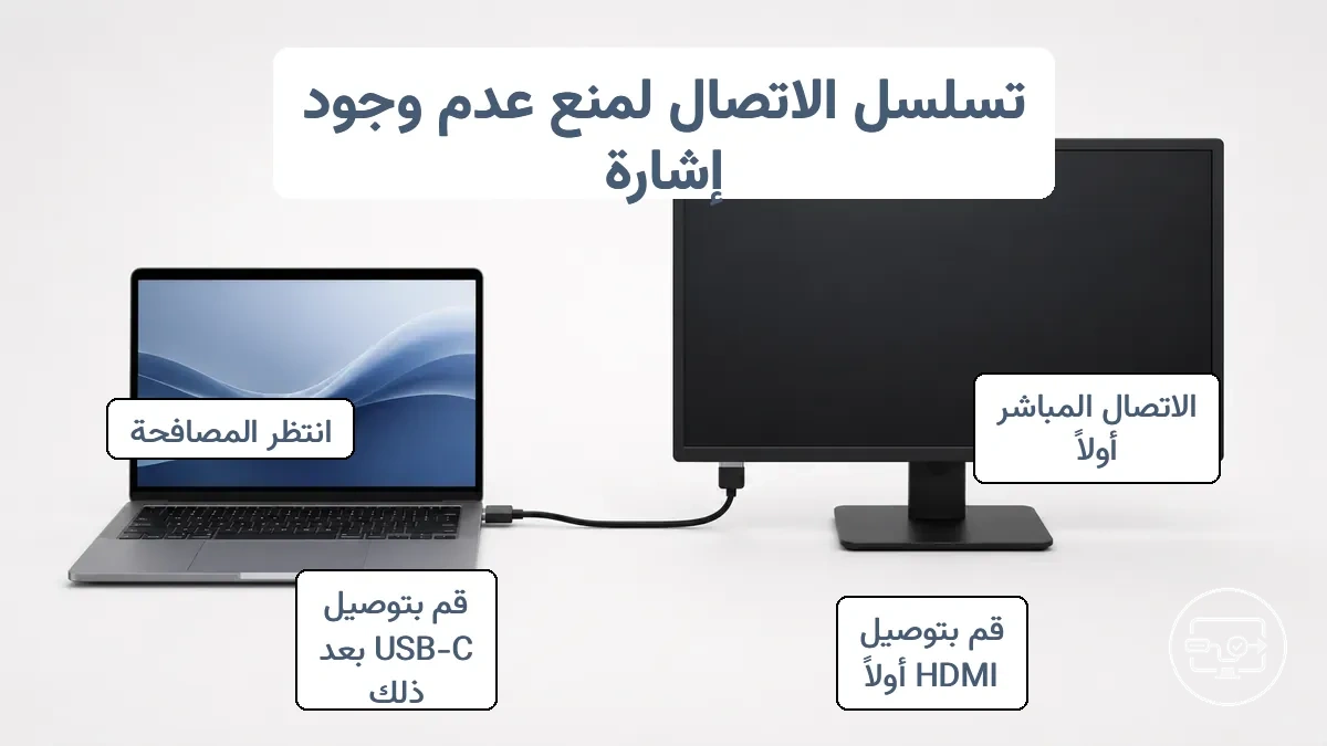 تسلسل توصيل USB-C إلى HDMI يوضح الترتيب الذي يقلل من نتائج عدم وجود إشارة وعدم الاكتشاف.