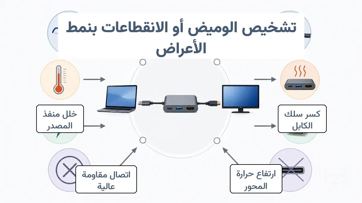 مخطط العَرَض إلى السبب مشروح يظهر حالات التحفيز (حركة، حرارة، أحداث طاقة) تشير إلى الحلقة الفاشلة المحتملة (كابل، موصل، موزع) للوميض والانقطاعات.
