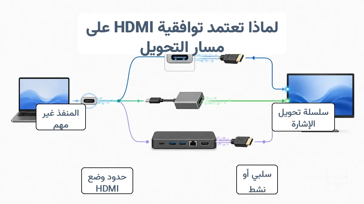 رسم بياني يوضح مكان حدوث تحويل إشارة HDMI: عند المنفذ، أو داخل محول بسيط، أو داخل قاعدة.