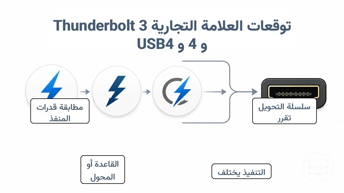 مقارنة بين توقعات العلامات التجارية Thunderbolt 3 و Thunderbolt 4 و USB4 لإخراج HDMI، مع التأكيد على ضرورة التحقق من سلسلة التحويل.