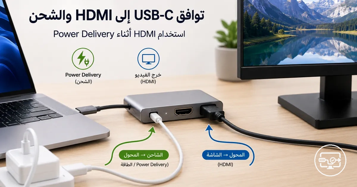 توافق USB-C إلى HDMI مع شحن تمريري يوضح Power Delivery أثناء الاتصال بـHDMI