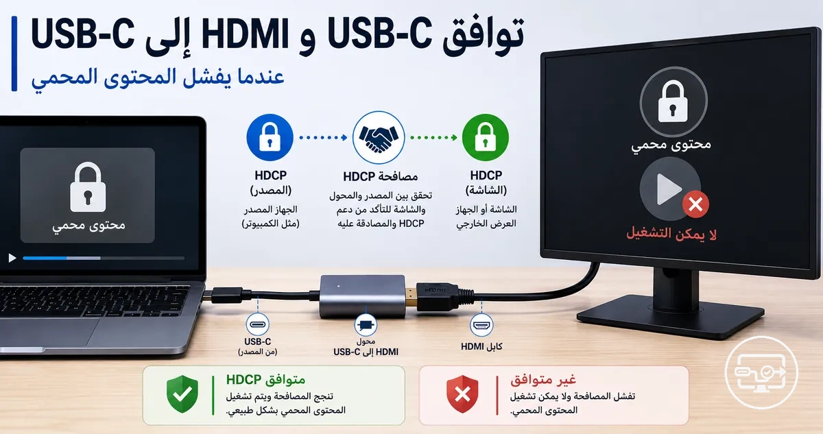 توضيح لتوافق USB-C إلى HDMI مع HDCP لتشغيل المحتوى المحمي وحالات الفشل
