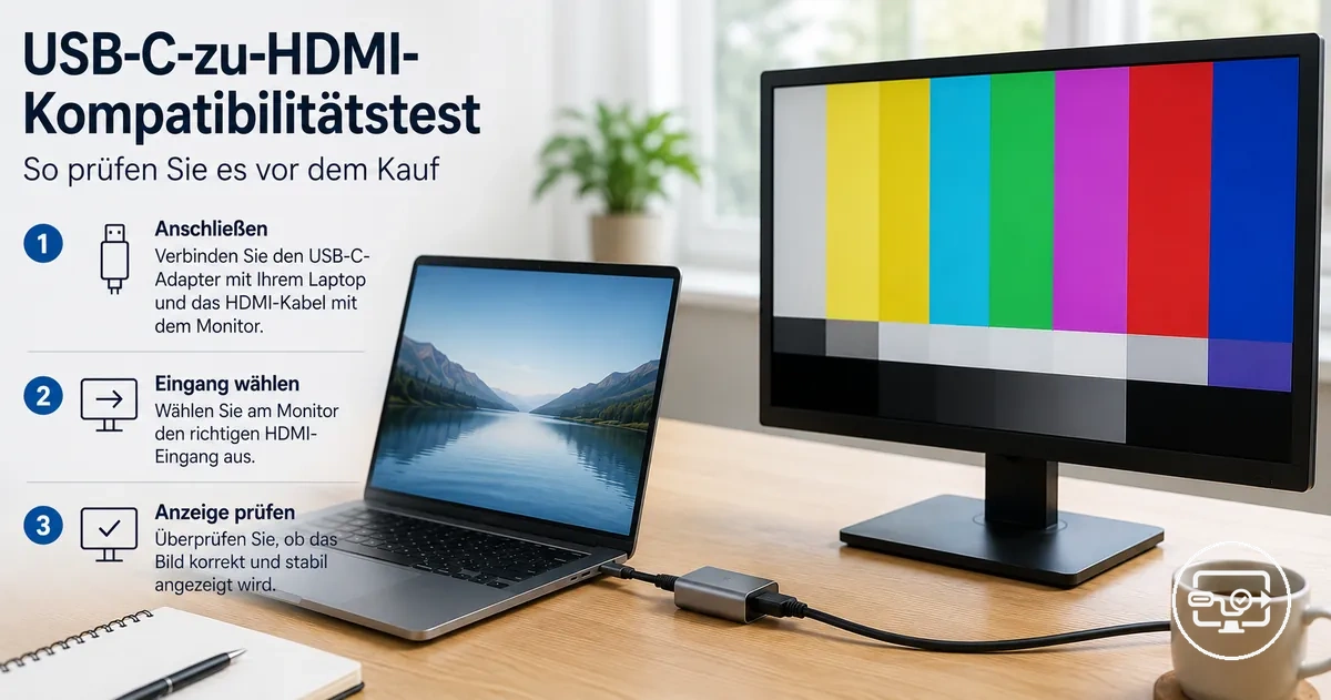 USB-C-zu-HDMI-Testaufbau mit Gerät, das an ein externes Display angeschlossen ist