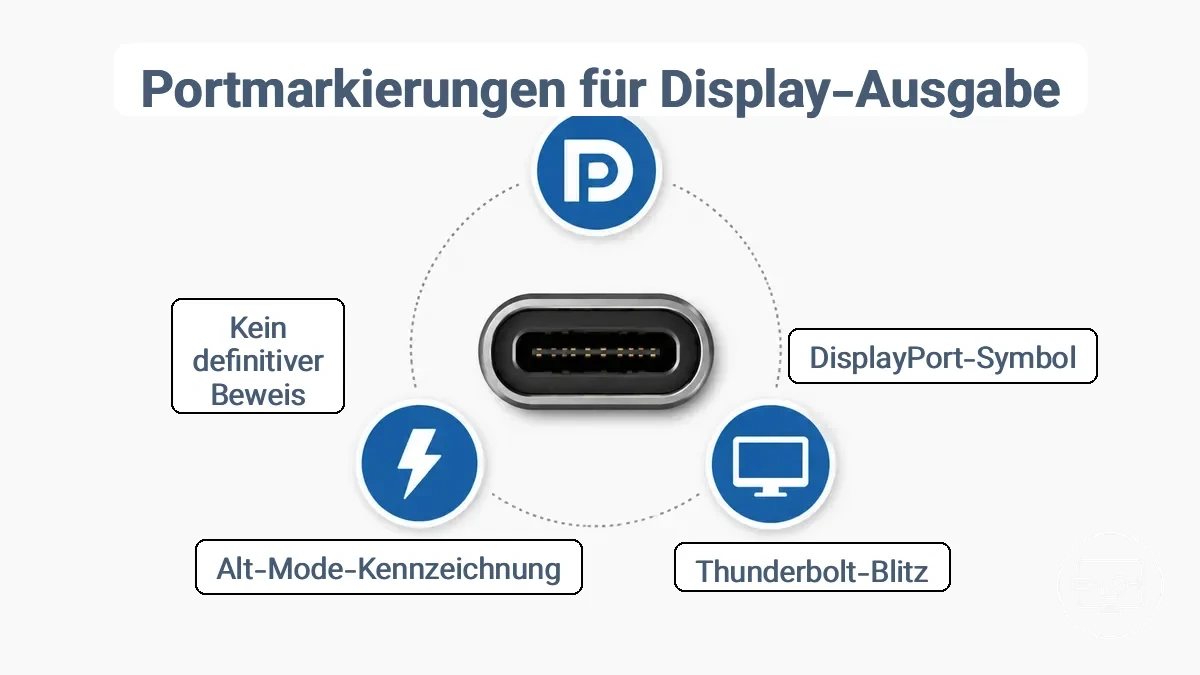 Häufige USB-C-Anschlusssymbole einschließlich DisplayPort, Thunderbolt und Monitor-Symbole zur Identifikation beschriftet