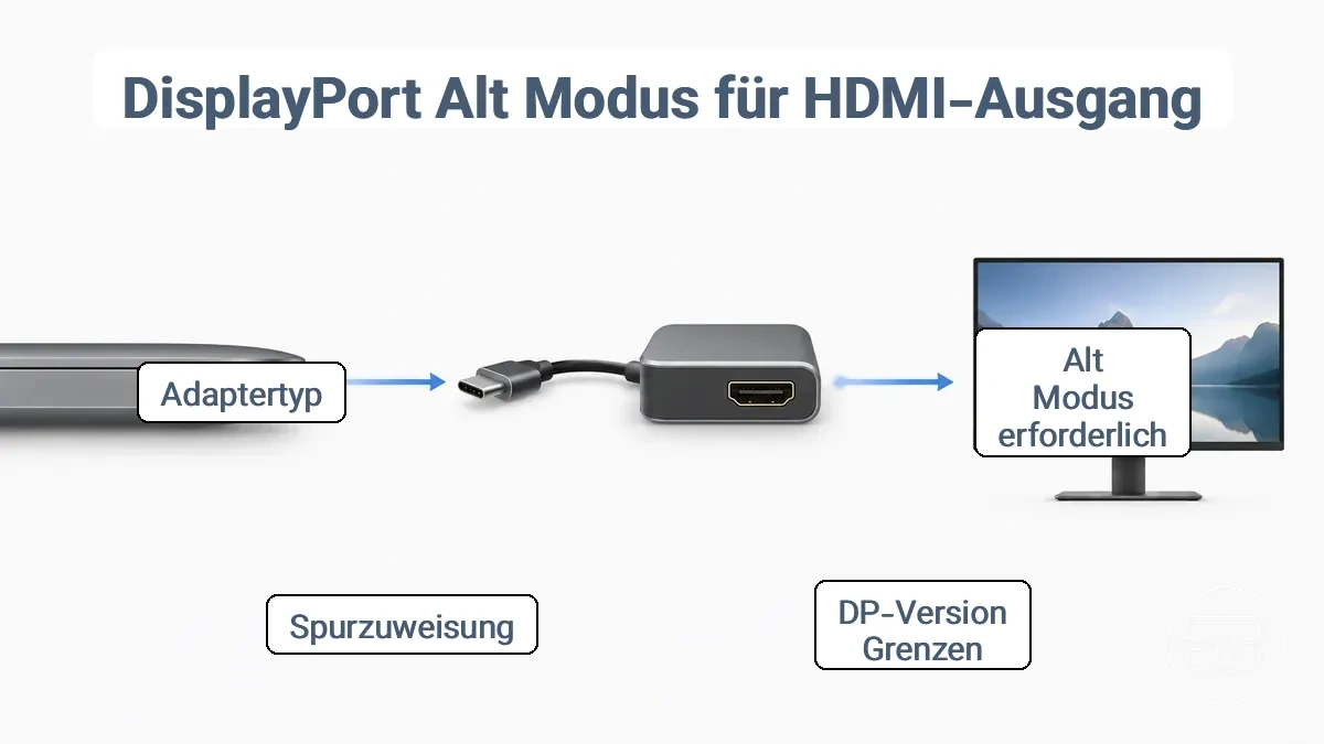 Diagramm, das die Adapterkonvertierung von USB-C über DisplayPort-Alt-Modus zu HDMI-Display zeigt