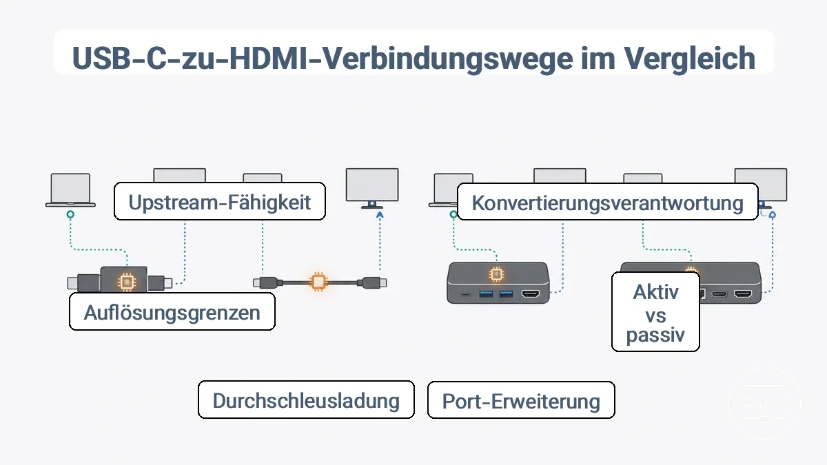 Vergleichsgrafik, die die Rollen von Adapter, Kabel, Hub und Dock in einem USB-C-zu-HDMI-Verbindungsweg zeigt und wo die Konvertierung stattfindet.
