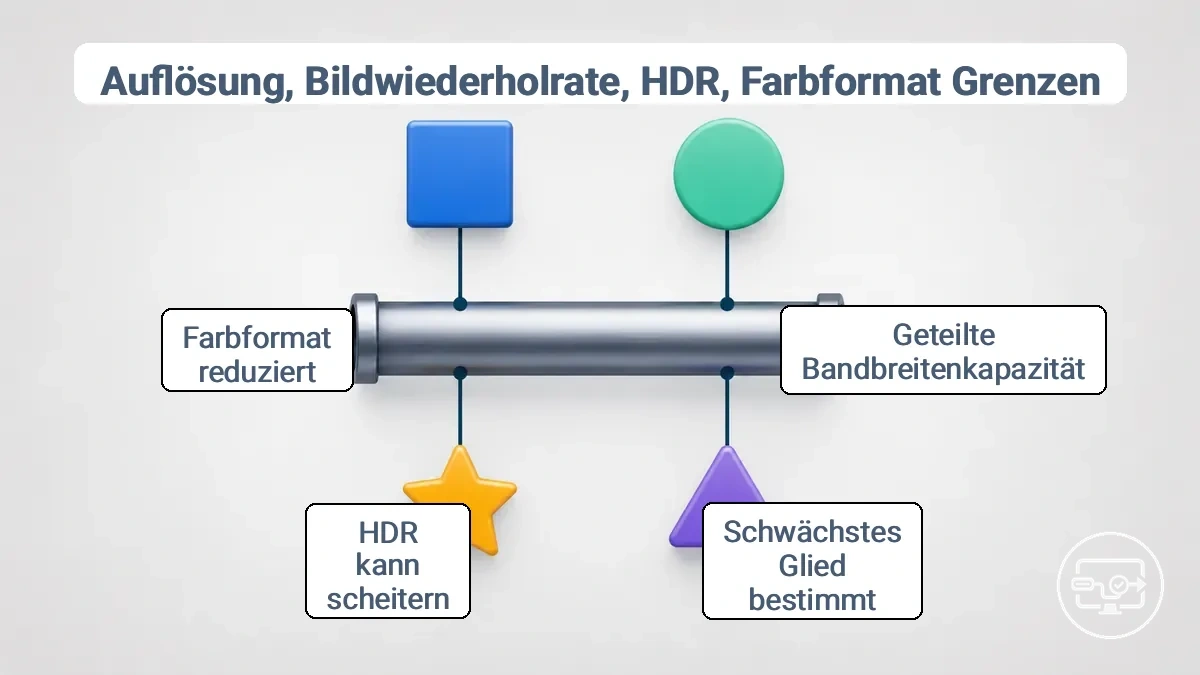 Diagramm, das zeigt, wie Grenzen von Auflösung, Bildwiederholfrequenz, HDR und Farbformat von der Bandbreite in der USB-C-zu-HDMI-Kette abhängen.