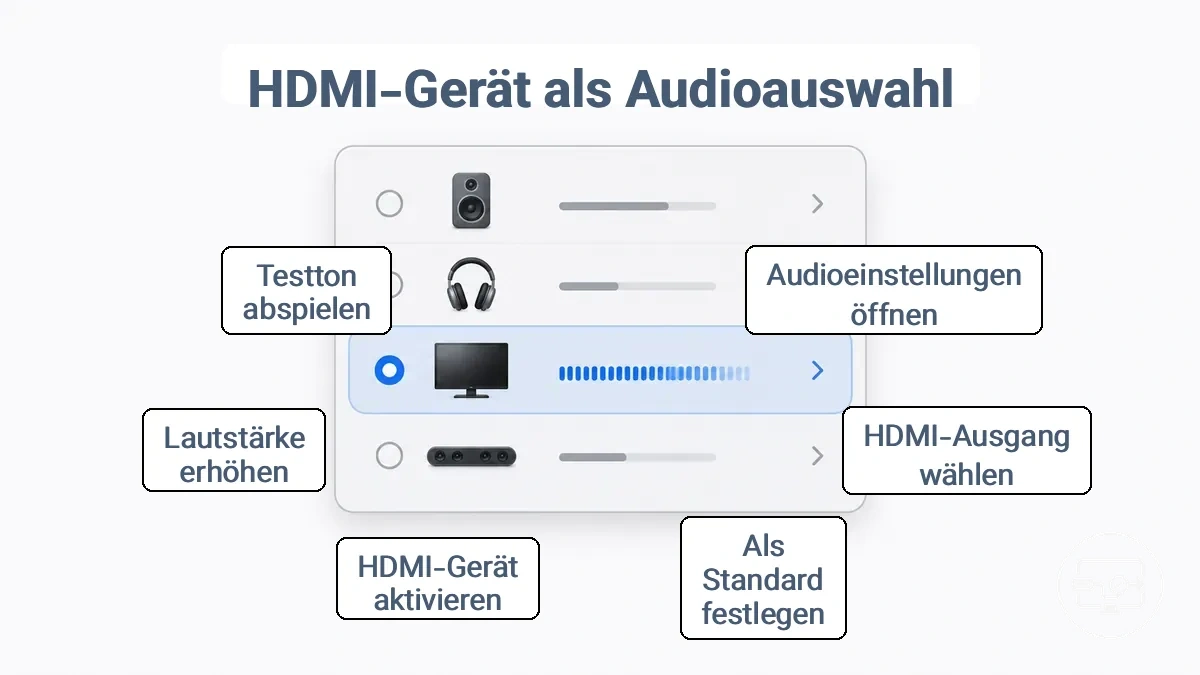 Bedienfeld für Audioausgabeeinstellungen mit als Standard ausgewähltem HDMI-Gerät