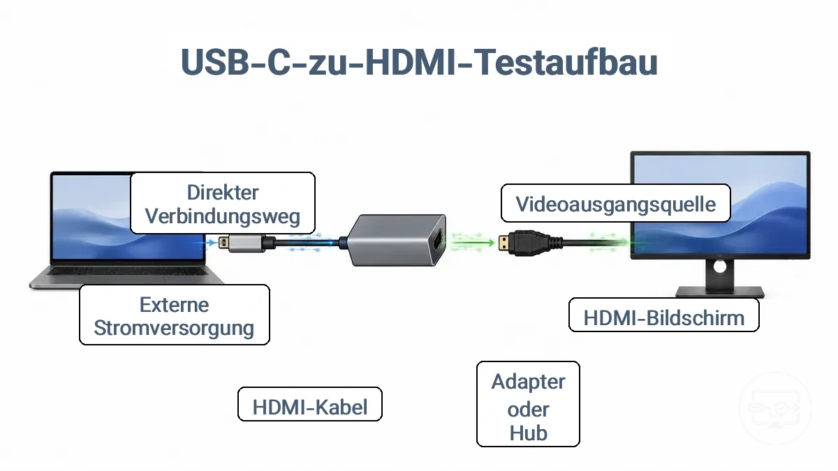Diagramm eines USB-C-Geräts, das über einen Adapter und ein HDMI-Kabel mit einem Monitor verbunden ist, und die Test-Signalkette zeigt.