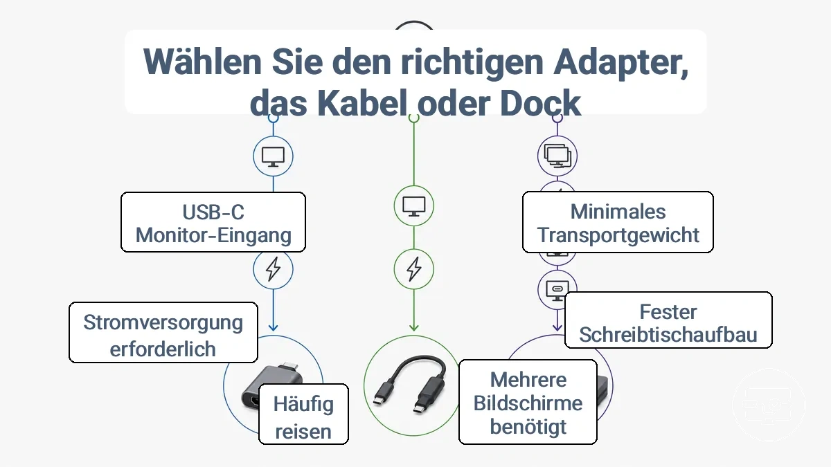 Entscheidungsbaum zur Auswahl zwischen USB-C-zu-HDMI-Adapter, -Kabel oder -Dock basierend auf Benutzerzielen und Einrichtungsumgebung