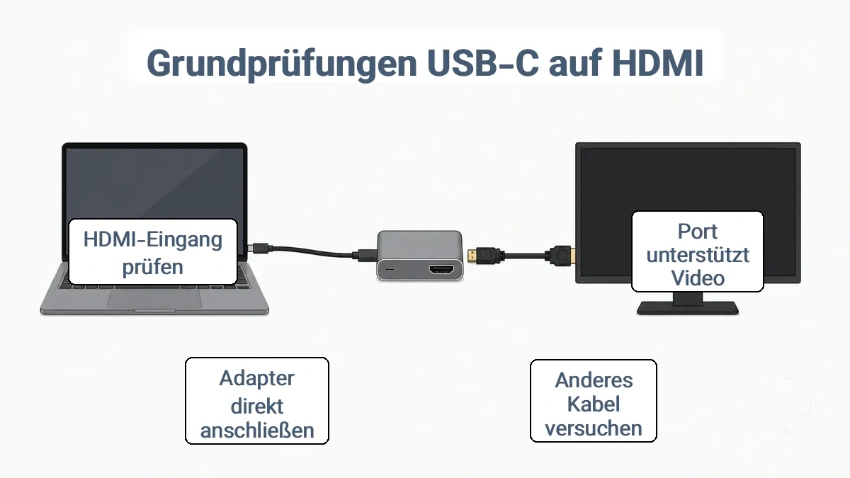 Flussdiagramm der Basisprüfungen: USB-C-Anschluss des Geräts zu Adapter oder Hub zu HDMI-Kabel zu Display-Eingang mit gekennzeichneten Prüfpunkten.
