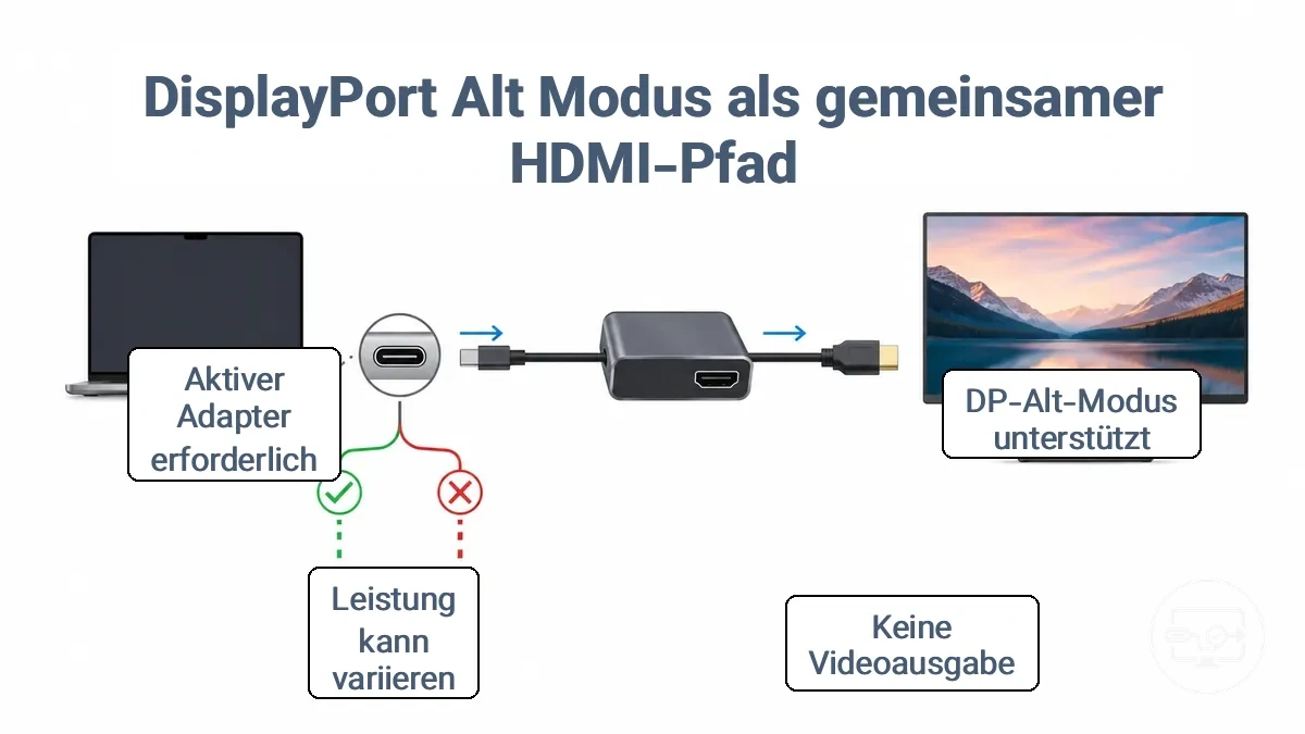 Diagramm, das den Weg von USB-C DP Alt Mode über einen Adapter zum HDMI-Bildschirm zeigt und was passiert, wenn Alt Mode nicht unterstützt wird.