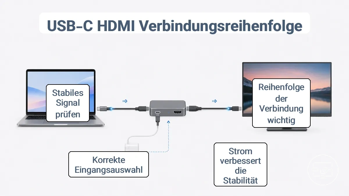 Schritt-für-Schritt-Darstellung eines USB-C-Geräts, das über Adapter/Hub mit einem HDMI-Bildschirm verbunden ist, mit Prüfpunkten für Stromversorgung und Eingangsauswahl.
