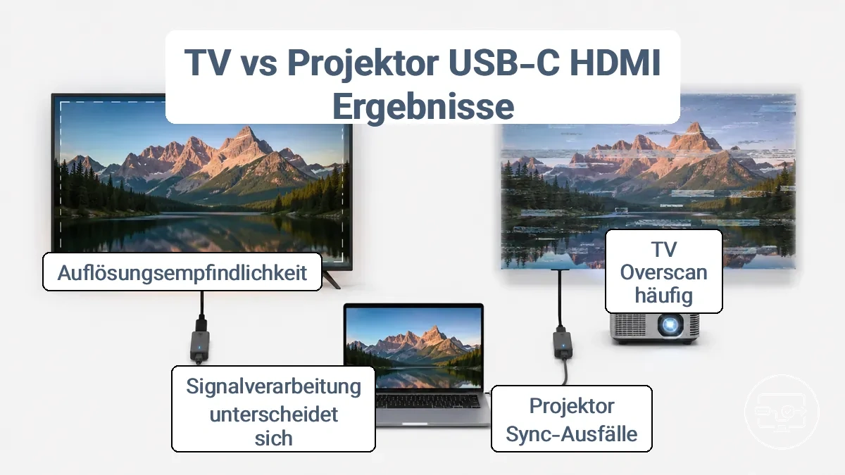 Diagramm, das die Verarbeitung von USB-C-zu-HDMI-Signalen durch Fernseher und Projektor vergleicht und Overscan beim Fernseher sowie Sync-Abbrüche beim Projektor darstellt