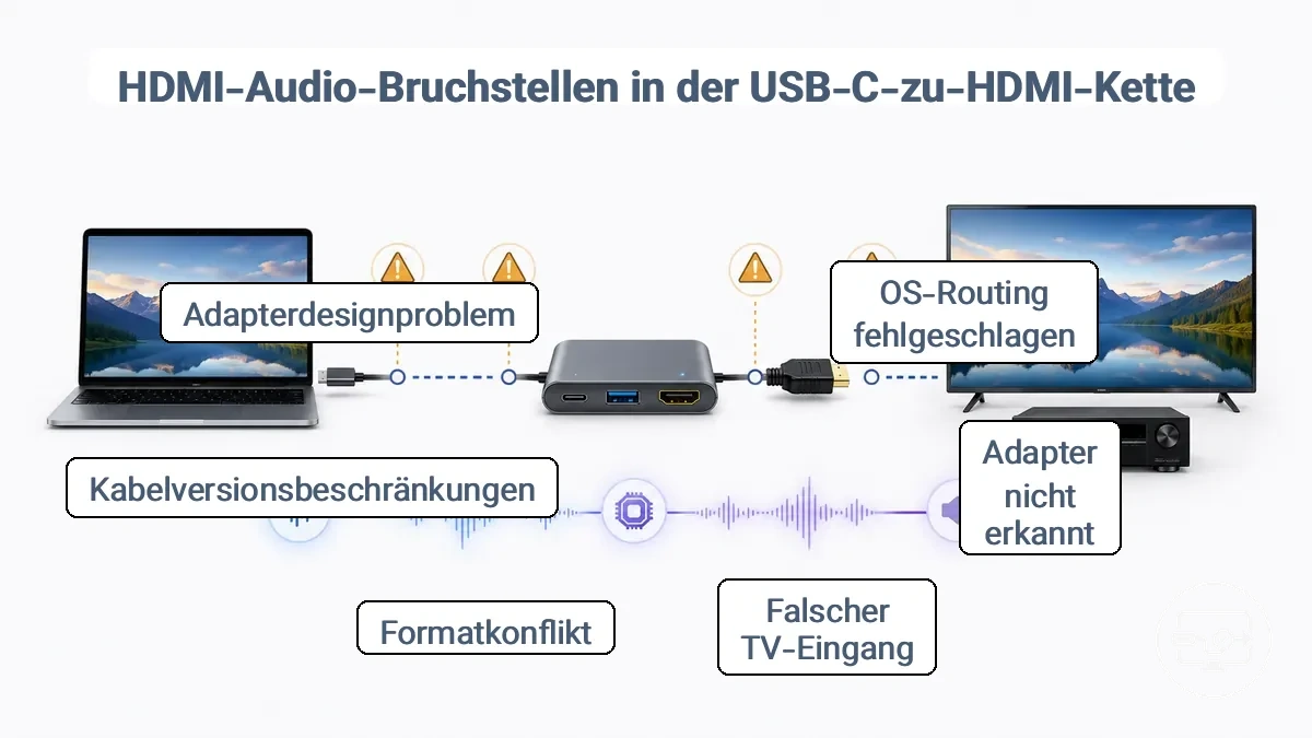 Diagramm, das zeigt, wo HDMI-Audio in einer USB-C-zu-HDMI-Verbindung unterbrochen werden kann: vom Betriebssystem über Adapter/Hub zum Fernseher/Receiver.