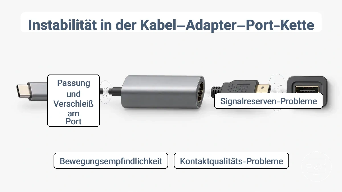 Diagramm der Kabel-Adapter-Port-Kette einer USB-C-zu-HDMI-Verbindung mit hervorgehobenen signal- und kontaktbezogenen Instabilitätspunkten
