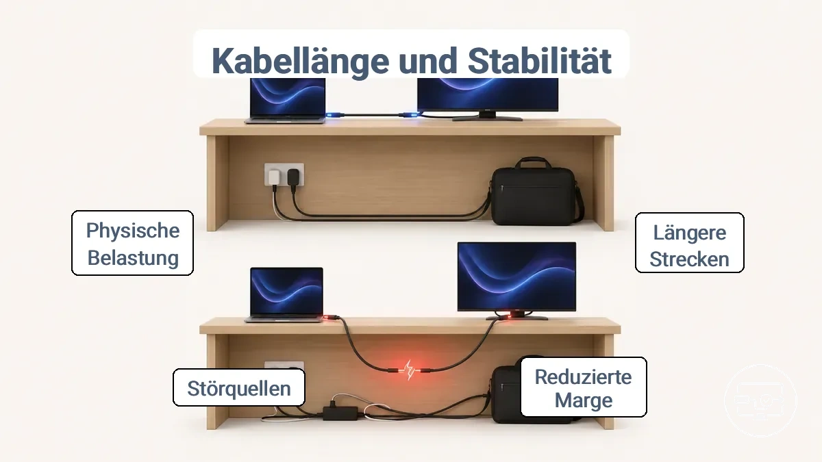 Illustration, die kurze und lange USB-C-zu-HDMI-Kabelstrecken vergleicht und zeigt, wie Verlegung und Störungen die Stabilität beeinflussen können.