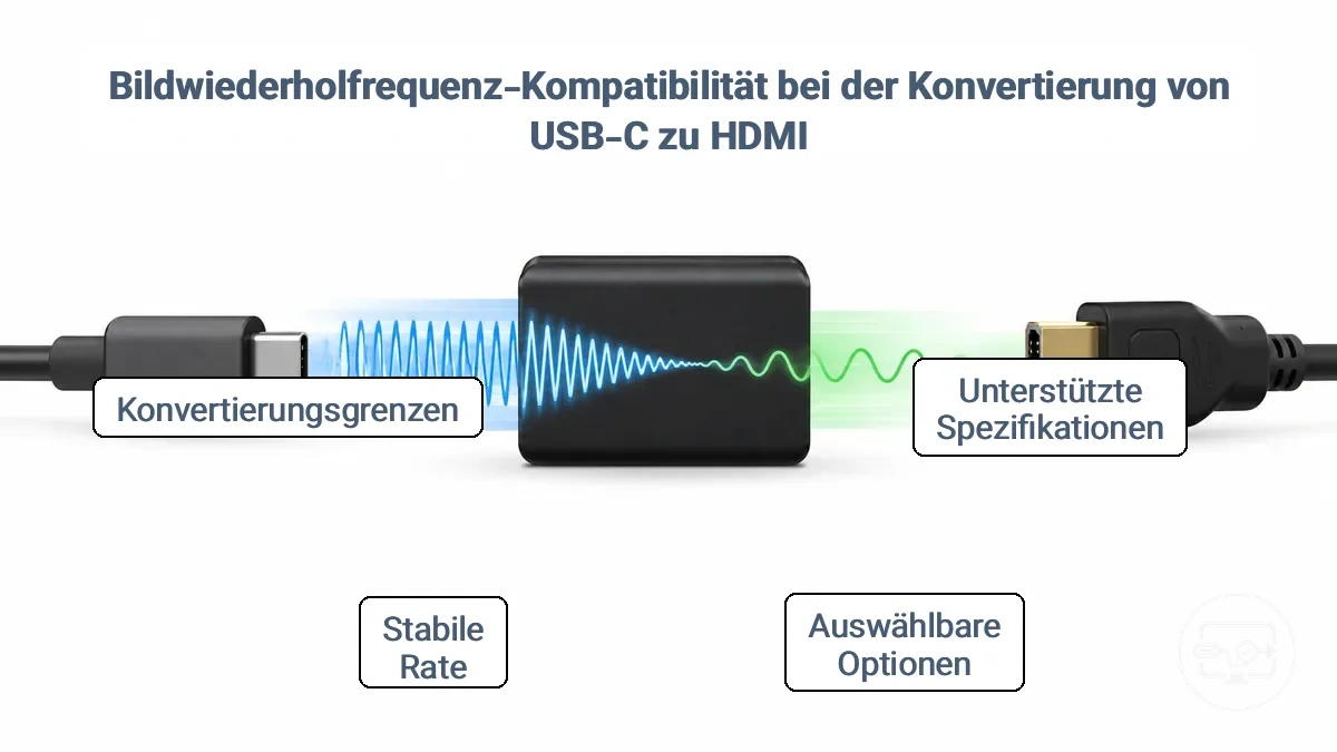 Diagramm, das zeigt, wie die Bildwiederholrate beeinflusst wird, wenn ein USB-C-Videosignal durch einen HDMI-Adapter läuft