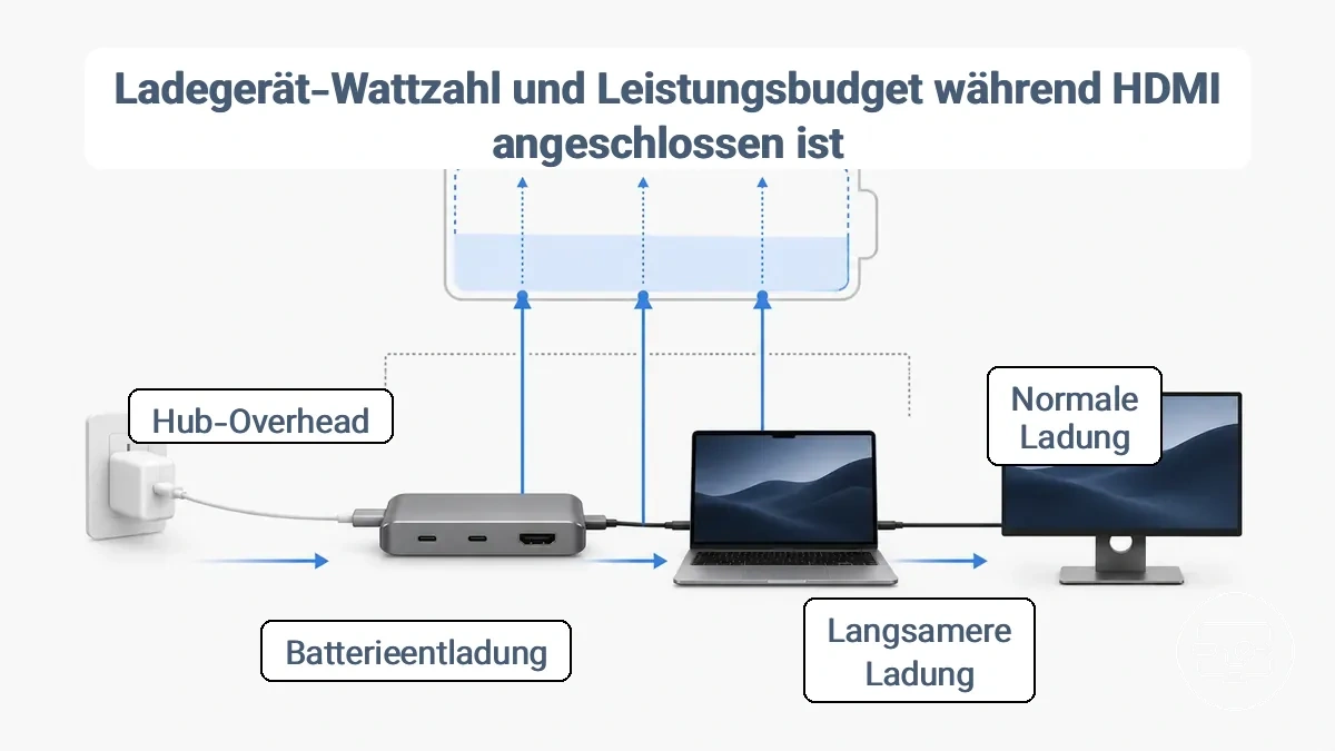Diagramm, das die Leistungsbudgetberechnung zeigt: Abzug des Hub-Eigenbedarfs und der Monitorlast von der Ladegerät-Wattzahl
