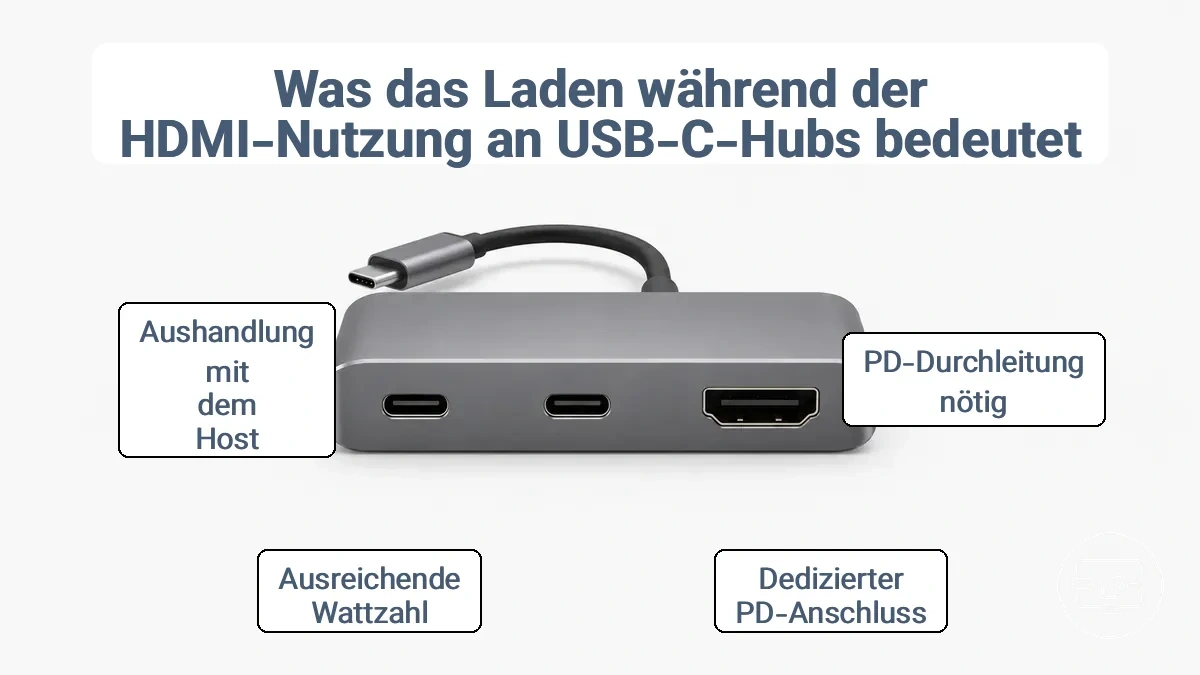 Diagramm mit HDMI-Anschluss, USB‑C-PD-Eingang und USB‑C-Host-Anschluss an einem typischen Hub