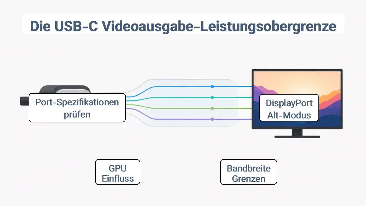 Annotiertes Diagramm, das die USB-C-Videoausgabefähigkeit und Lane-Zuteilung sowie deren Auswirkung auf 4K- und HDR-Modi zeigt