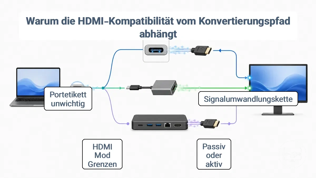 Diagramm, das zeigt, wo die HDMI-Signalkonvertierung stattfindet: am Anschluss, in einem einfachen Adapter oder in einem Dock.
