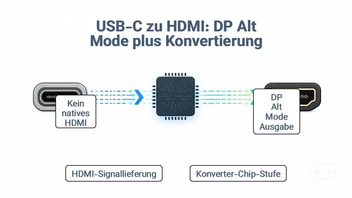 Diagramm, das DP-Alt-Modus-Ausgabe vom USB-C-Anschluss und Konvertierung zum HDMI-Signal zeigt
