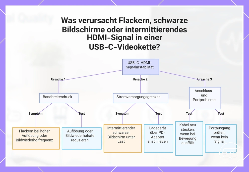 Was verursacht Flackern, schwarze Bildschirme oder intermittierendes HDMI-Signal in einer USB-C-Videokette?