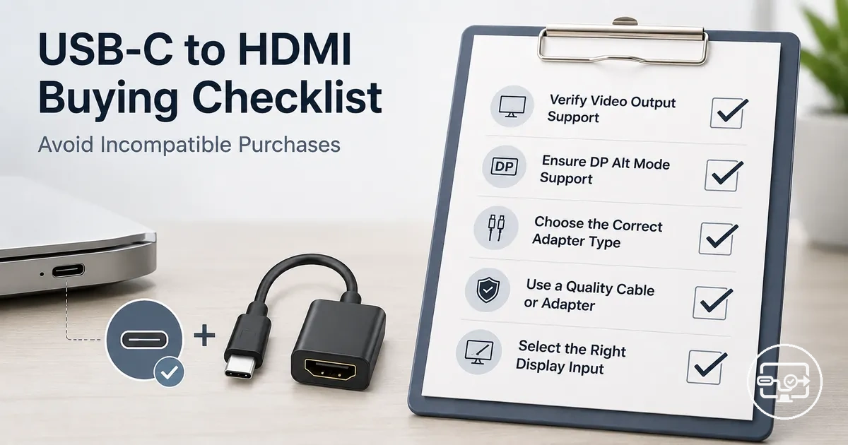 Buying checklist visual for USB-C to HDMI compatibility to prevent mismatched adapters