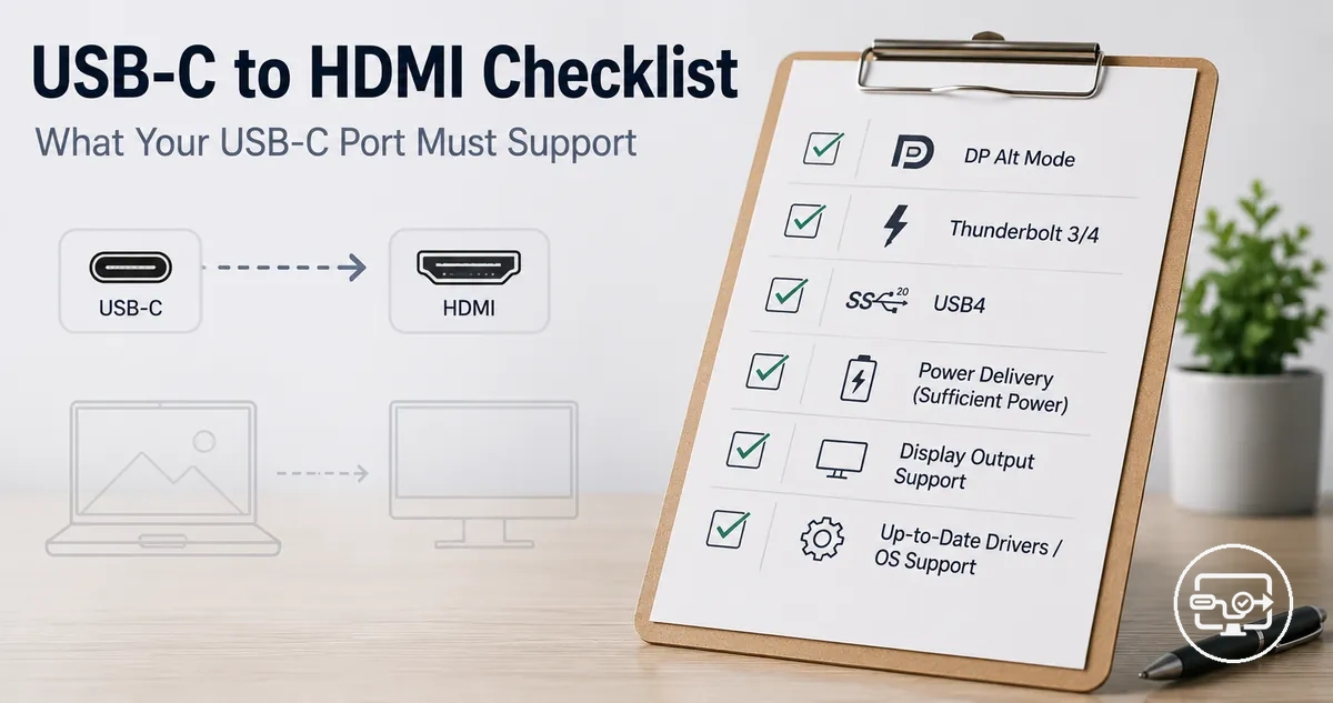 Checklist for USB-C to HDMI compatibility requirements to confirm video output support