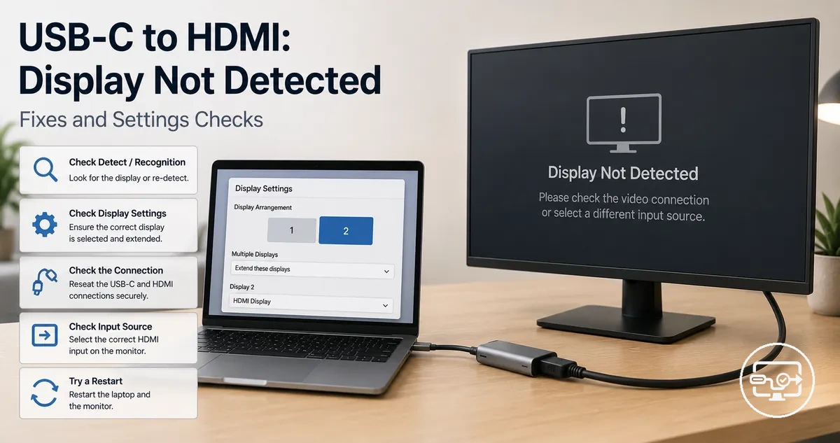 USB-C to HDMI compatibility display not detected troubleshooting with recognition and settings checks