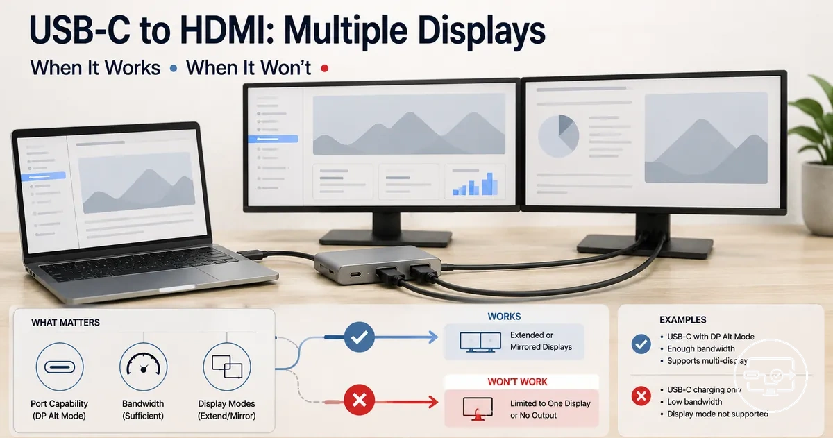 USB-C to HDMI compatibility for multiple displays showing extended desktop and multi-monitor setup