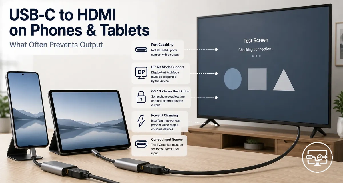 Phone and tablet USB-C to HDMI compatibility setup connected to a TV or monitor