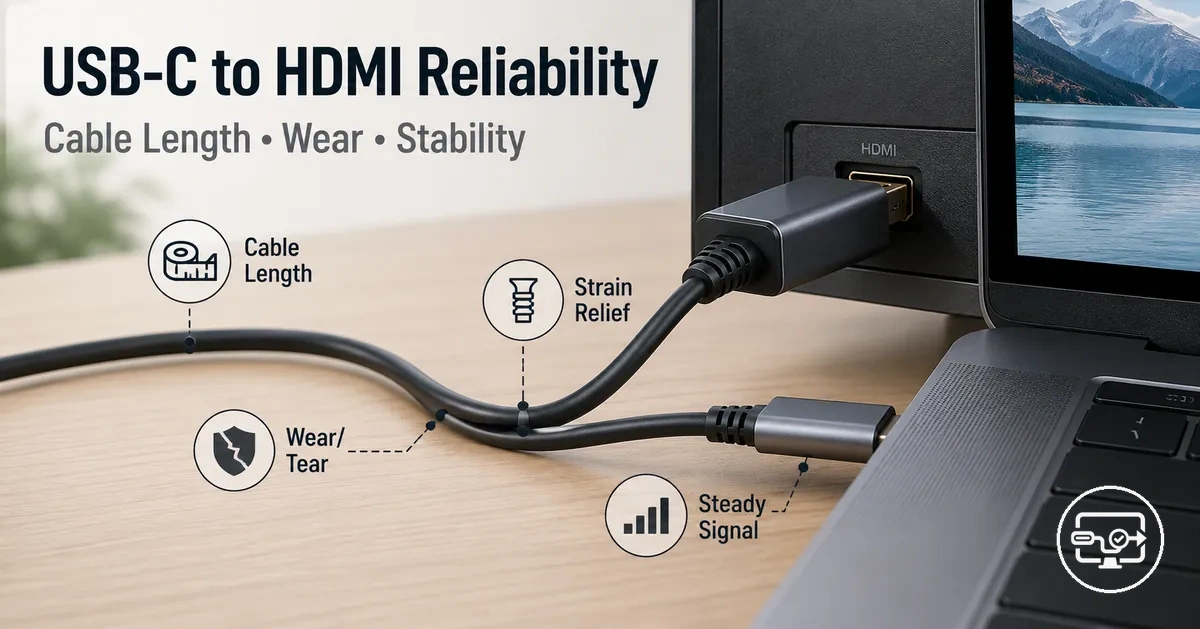 USB-C to HDMI compatibility reliability view showing cable strain relief and stable connection cues