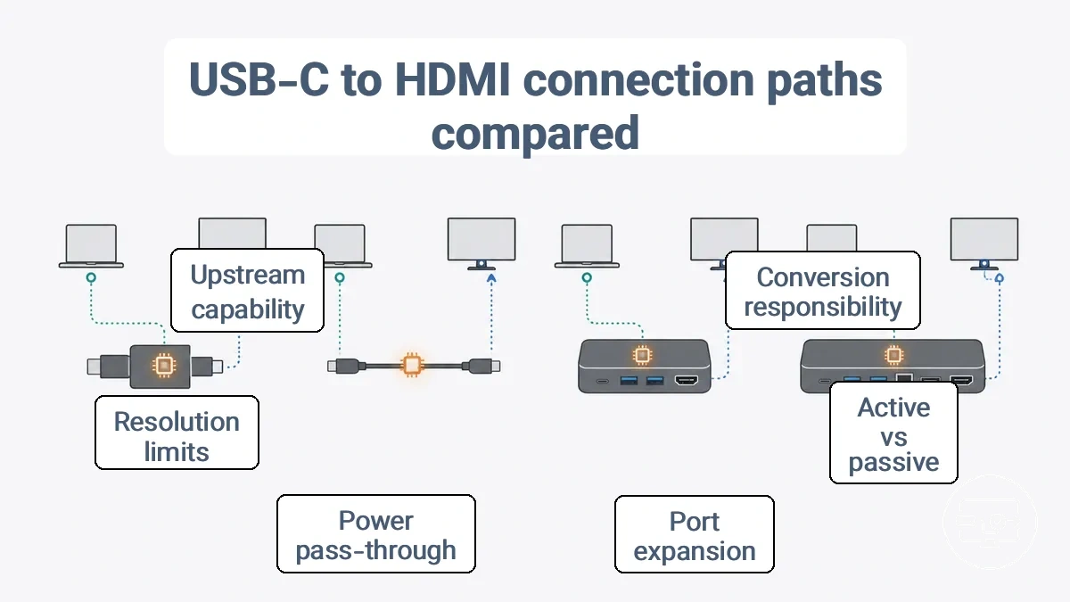 Comparison graphic showing adapter, cable, hub, and dock roles in a USB-C to HDMI connection path and where conversion occurs.